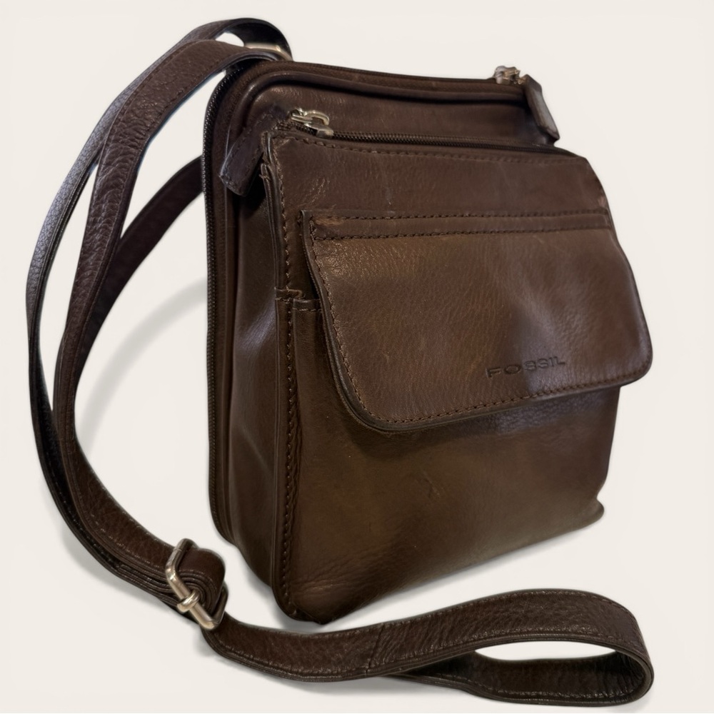 Vintage Fossil Brown Leather Organizer Crossbody Bag Functional Retro Classic - Picture 2 of 13